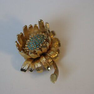 Vintage Signed Pauline Rader Flower Sunflower Brooch Turquoise Colored Beads